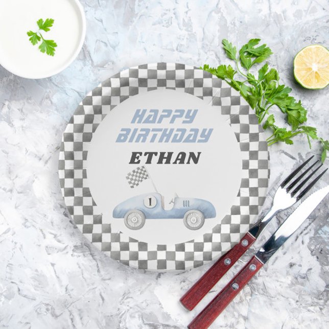Blue Race Car Fast ONE Boy Birthday Paper Plates (Creator Uploaded)