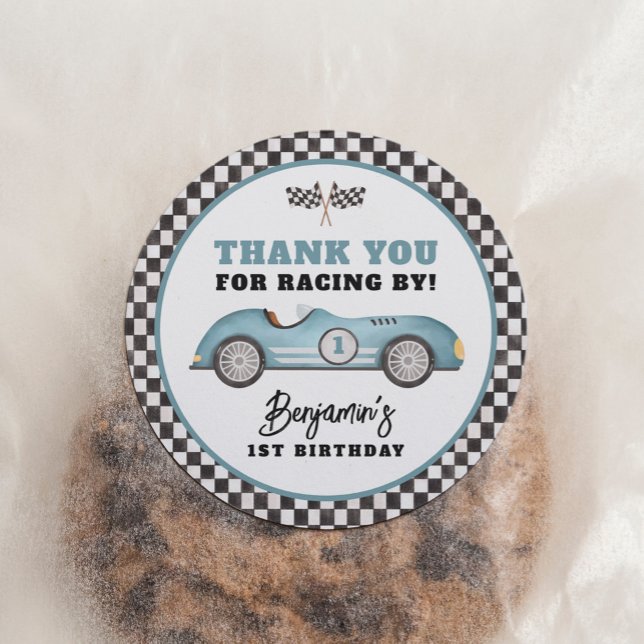 Blue Race Car Fast One Boy Birthday Party Classic Round Sticker (Creator Uploaded)