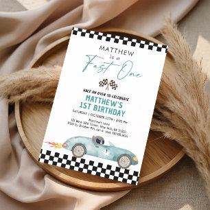 Blue Race Car Fast One First Birthday Invitation