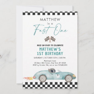 Blue Race Car Fast One First Birthday Invitation