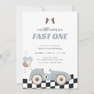 Blue Race Car Fast One First Birthday Invite 