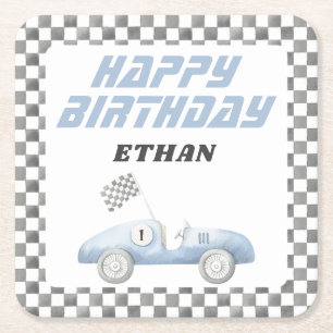 Blue Race Car First Birthday Party Square Paper Coaster