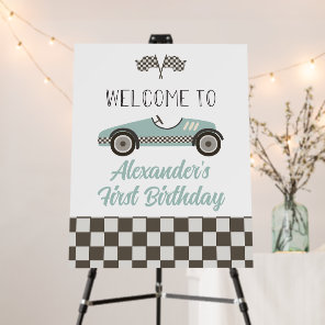 blue Race Car First Birthday Welcome Foam Board