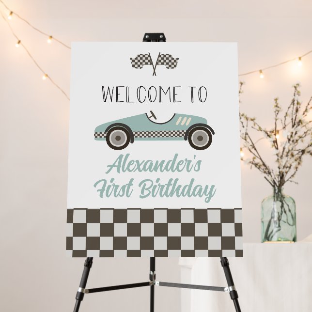 blue Race Car First Birthday Welcome Foam Board (In Situ (Stand))