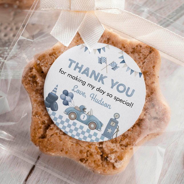 Blue Race Car First Lap Around the Track Birthday Classic Round Sticker (Creator Uploaded)