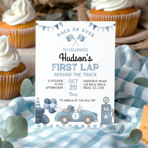 Blue Race Car First Lap Around The Track Birthday Invitation