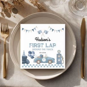 Blue Race Car First Lap Around the Track Birthday Napkins