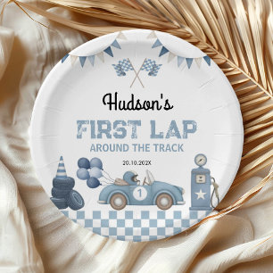 Blue Race Car First Lap Around the Track Birthday Paper Plates
