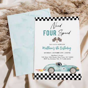 Blue Race Car Fourth Birthday Invitation by LittlePrintsParties at Zazzle