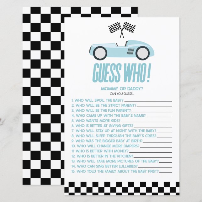 Blue Race Car Guess Who Baby Shower Game (Front/Back)