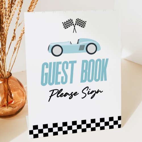 Blue Race Car Guest Book Party  Pedestal Sign