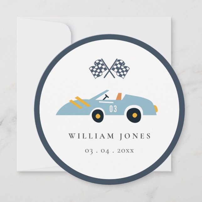 Blue Race Car Kids Birthday Cupcake Topper Digital Invitation (Front)