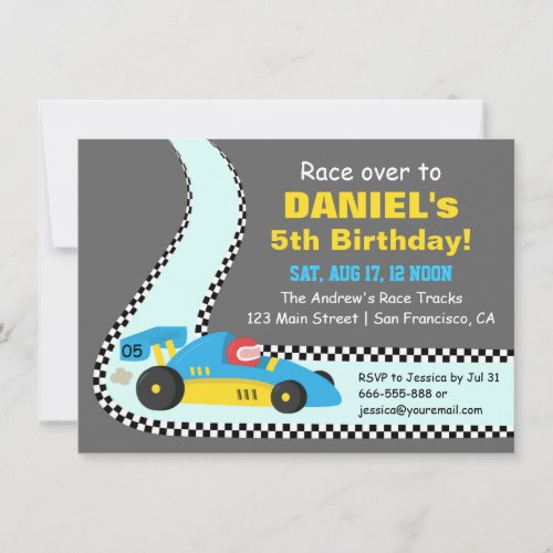 Blue Race Car Kids Birthday Party Invitations