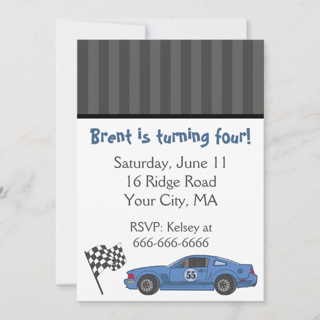 Blue Race Car Party Invitation (Front)