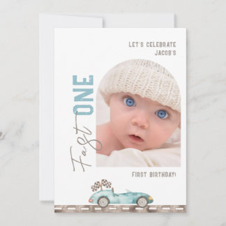 Blue Race Car Photo Birthday Invitation