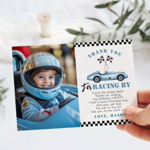 Blue Race Car Photo Birthday Thank you card