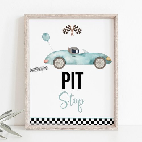 Blue Race Car Pit Stop Birthday Sign