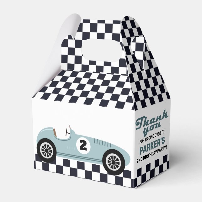 Blue Race Car Racing Birthday Party Checkered Favor Boxes (Front Side)