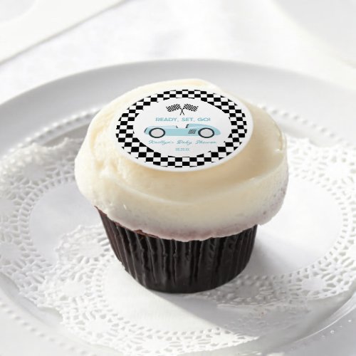 Blue Race Car Ready Set Go Baby Shower Edible Frosting Rounds