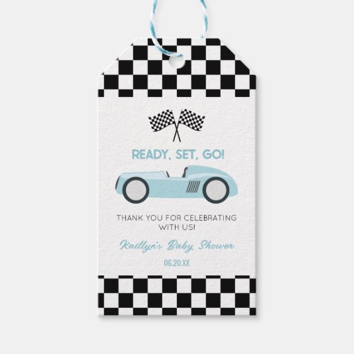 Blue Race Car Ready Set Go Baby Shower Gift Tags