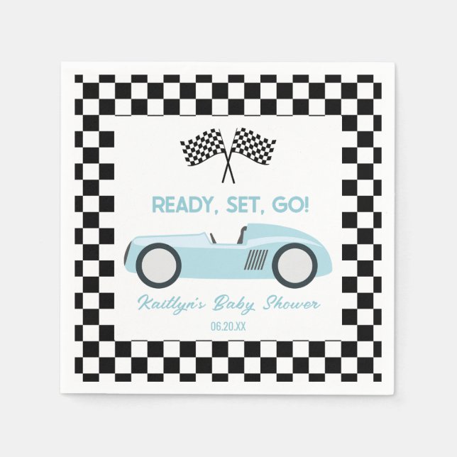 Blue Race Car Ready Set Go Baby Shower Napkins (Front)