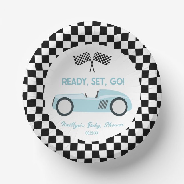 Blue Race Car Ready Set Go Baby Shower Paper Bowls (Front)