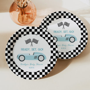 Blue Race Car Ready Set Go Baby Shower Paper Plates