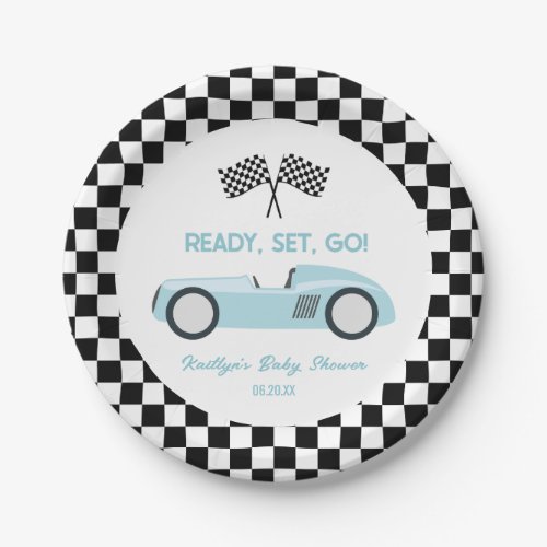 Blue Race Car Ready Set Go Baby Shower Paper Plates