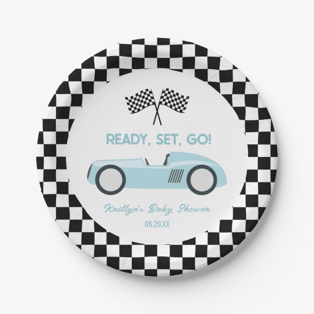 Blue Race Car Ready Set Go Baby Shower Paper Plates (Front)