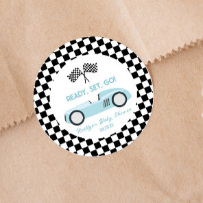 Blue Race Car Ready Set Go Baby Shower Party Favor Classic Round Sticker