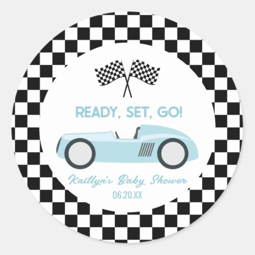 Blue Race Car Ready Set Go Baby Shower Party Favor Classic Round Sticker