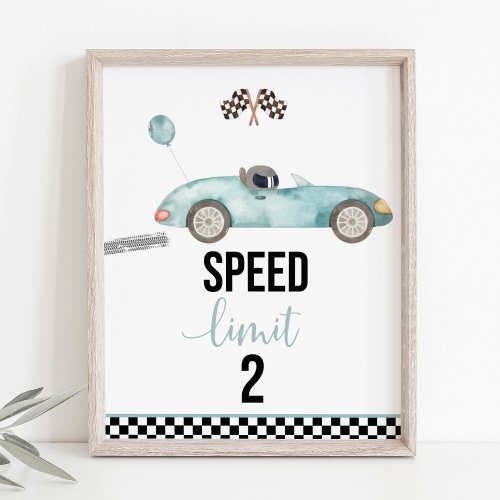 Blue Race Car Speed Limit 2 Birthday Sign