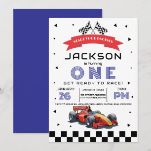 Blue Race Car-Themed Any Age Birthday Party Invitation