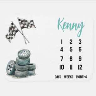 Blue Race Car themed Baby Milestone Baby Blanket