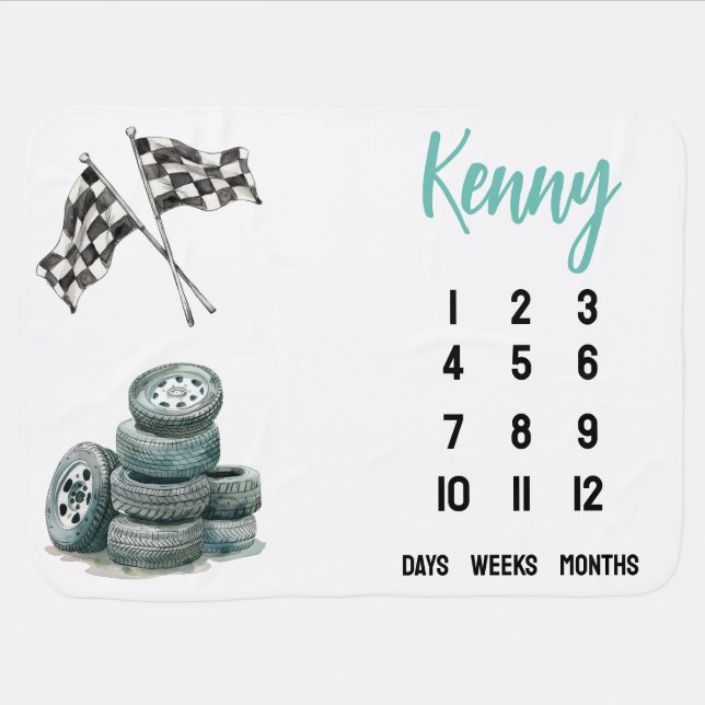 Blue Race Car themed Baby Milestone Baby Blanket (Horizontal)