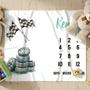 Blue Race Car themed Baby Milestone Baby Blanket