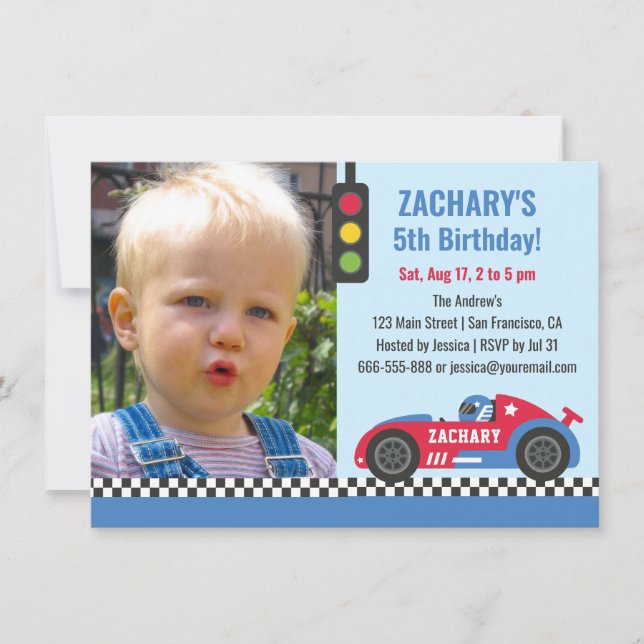 Blue Race Car Themed Boys Birthday Party Photo Invitation (Front)