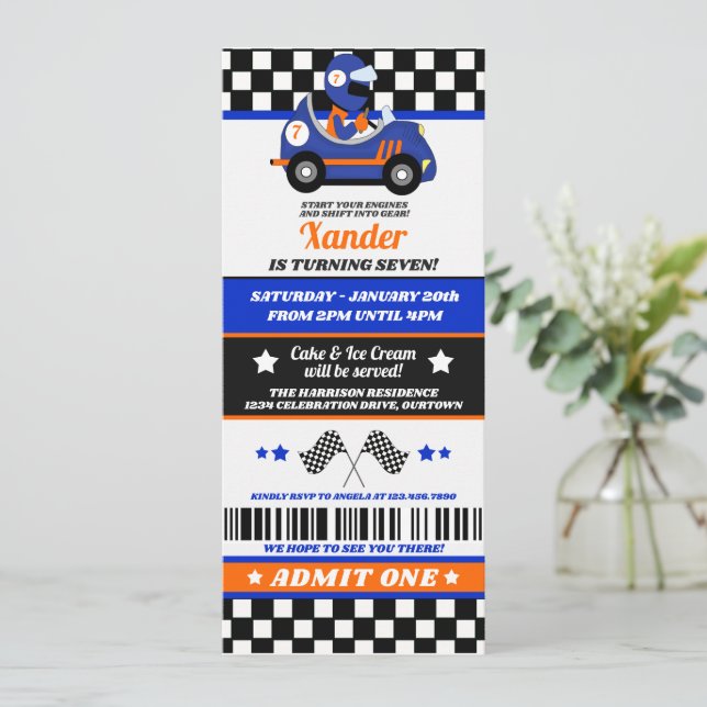 Blue Race Car Ticket Style Birthday Party Invitation (Standing Front)