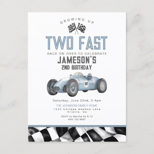 Blue Race Car Two Fast 2nd Birthday Party Invite
