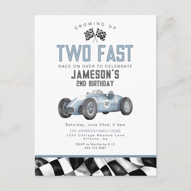 Blue Race Car Two Fast 2nd Birthday Party Invite (Front)