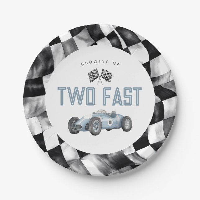 Blue Race Car Two Fast 2nd birthday party Paper Plates (Front)