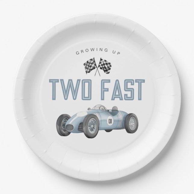 Blue Race Car Two Fast 2nd birthday party Paper Plates (Front)