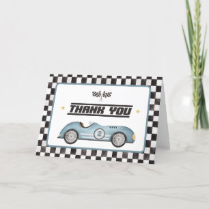 Blue Race Car Two Fast Boy Birthday Party Letterpress Thank You Card
