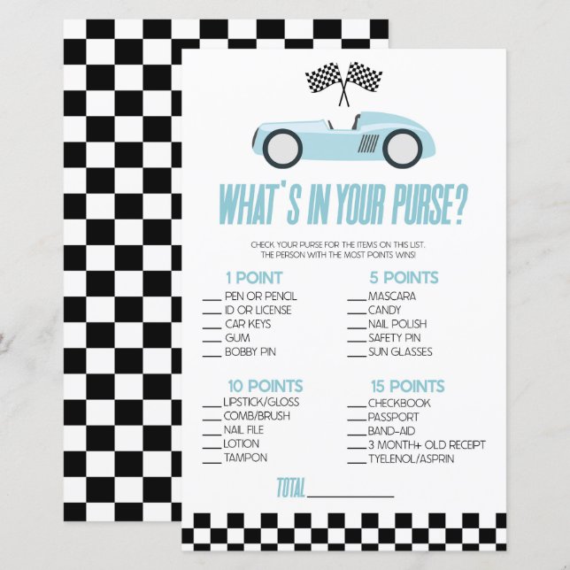 Blue Race Car What's In Purse Baby Shower Game (Front/Back)