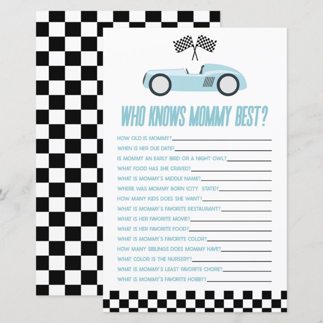 Blue Race Car Who Knows Mommy Baby Shower Game (Front/Back)