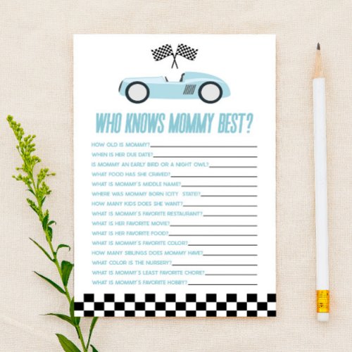 Blue Race Car Who Knows Mommy Baby Shower Game