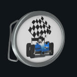 Blue Race Car with Checkered Flag Belt Buckle<br><div class="desc">* Vroom, Vroom, VROOOM! Jazz up your wardrobe! Race Car with a checkered flag is a real winner! * Choose from oval or rectangular shape options. * Customize this by adding text (choose font style, color, size and placement of message or initials. * Add background color of your choice ....</div>
