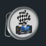 Blue Race Car with Checkered Flag Belt Buckle<br><div class="desc">* Vroom, Vroom, VROOOM! Jazz up your wardrobe! Race Car with a checkered flag is a real winner! * Choose from oval or rectangular shape options. * Customize this by adding text (choose font style, color, size and placement of message or initials. * Add background color of your choice ....</div>