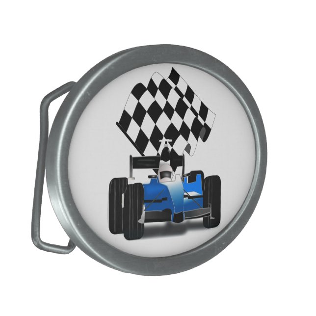 Blue Race Car with Checkered Flag Belt Buckle (Front Left)