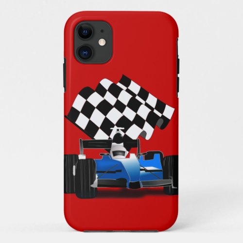 Blue Race Car with Checkered Flag iPhone 11 Case